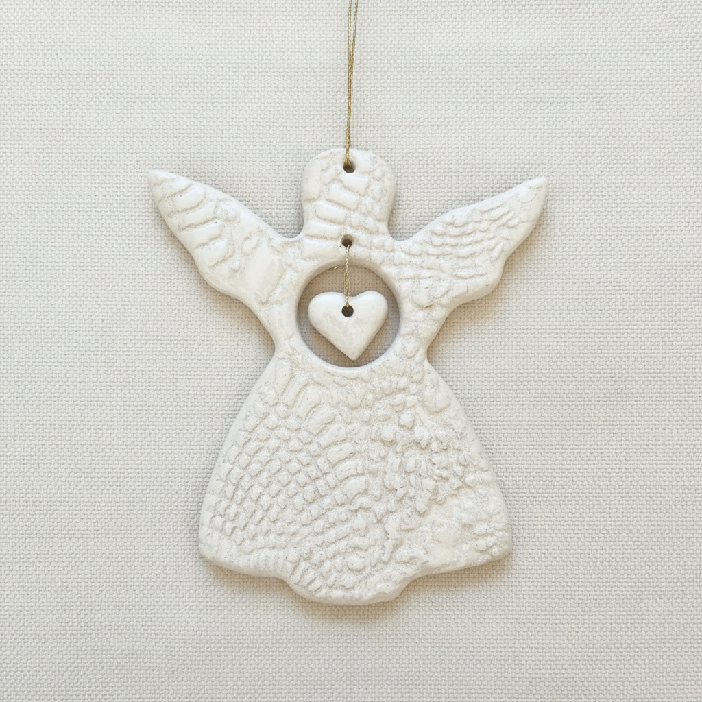White ceramic angel ornament with a heart on a beige background