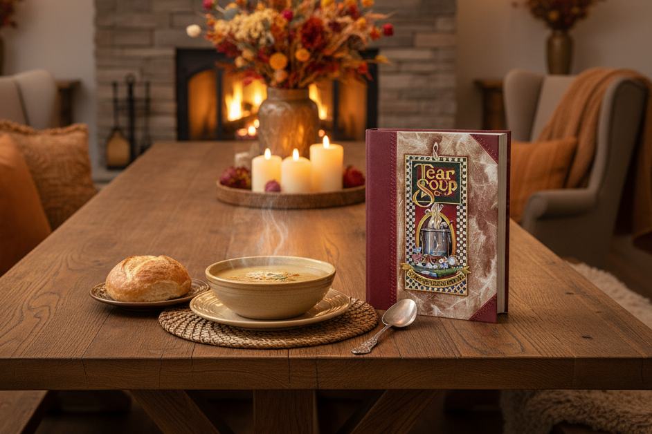 Tear Soup book on a wooden table with soup, bread, and candles in a cozy setting.
