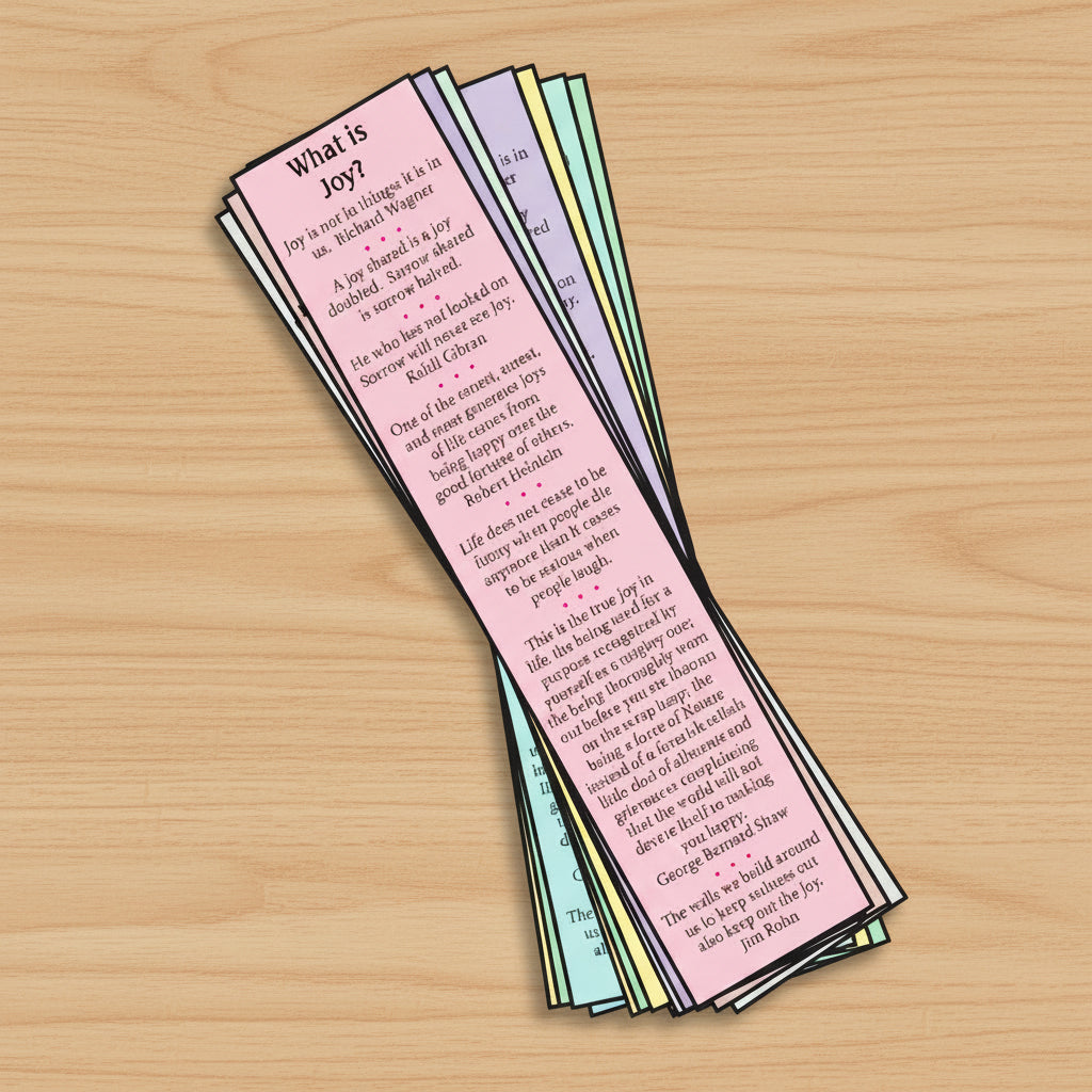 Pink bookmark with text on an open book on a wooden surface