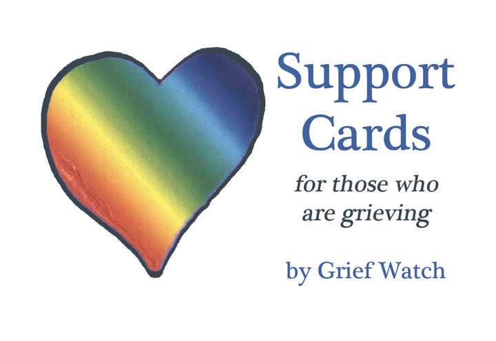 Support Cards for those who are grieving by Grief Watch, featuring a vibrant rainbow heart on a white background with blue and black text.