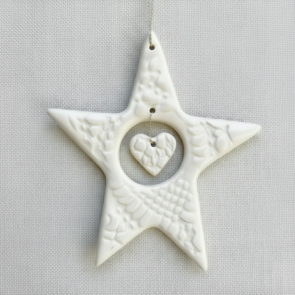White textured star-shaped ornament with a heart in the center on a beige background