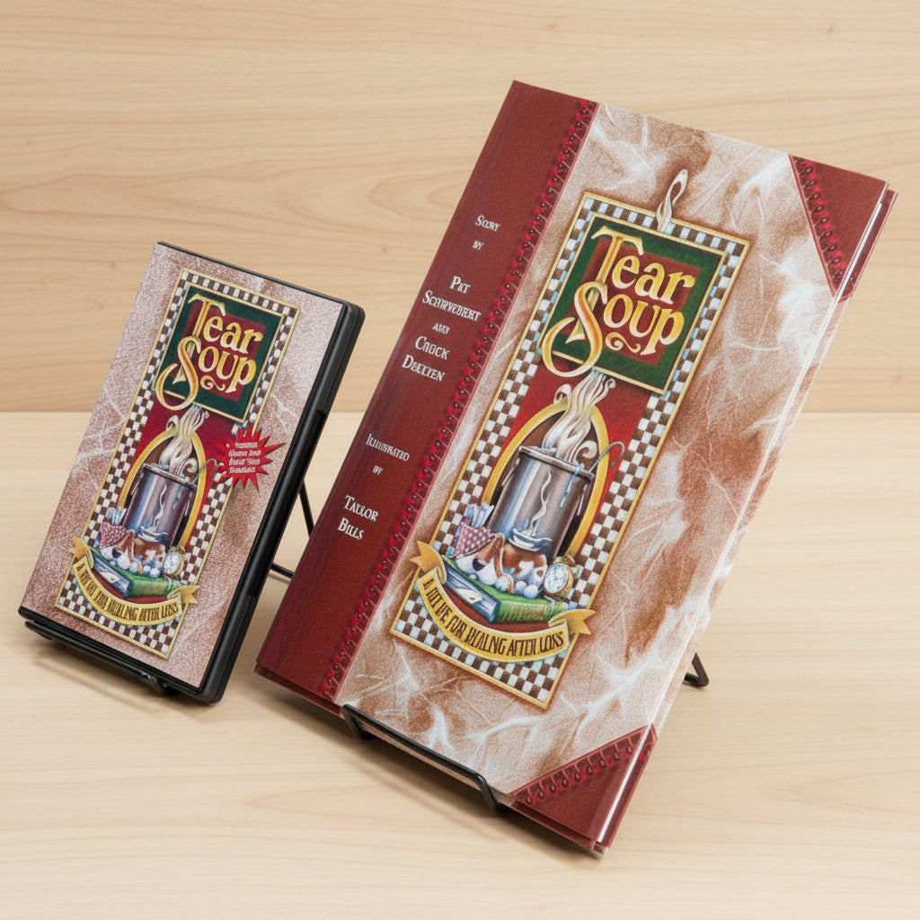 A Tear Soup book and DVD on a wooden surface with a blurred indoor background
