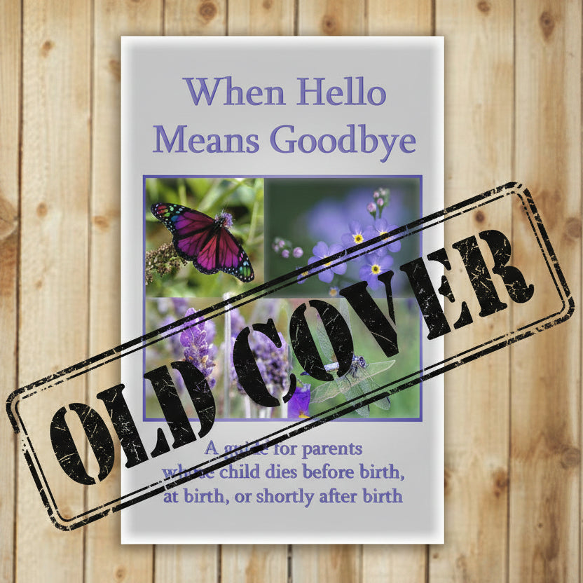 Book cover titled 'When Hello Means Goodbye' with images of a butterfly, flowers, and a dragonfly on a wooden background.