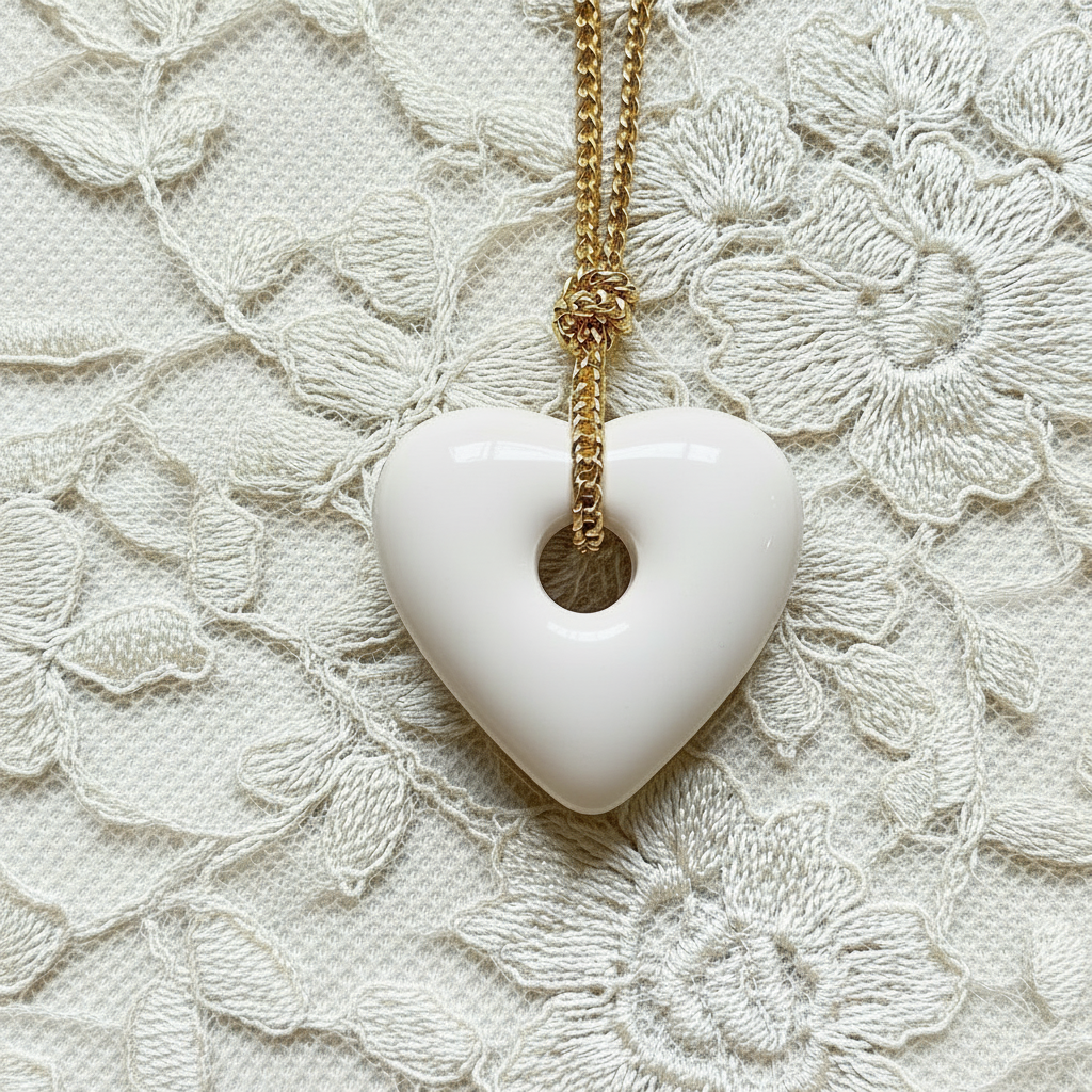White heart-shaped pendant on a gold cord against a lace background