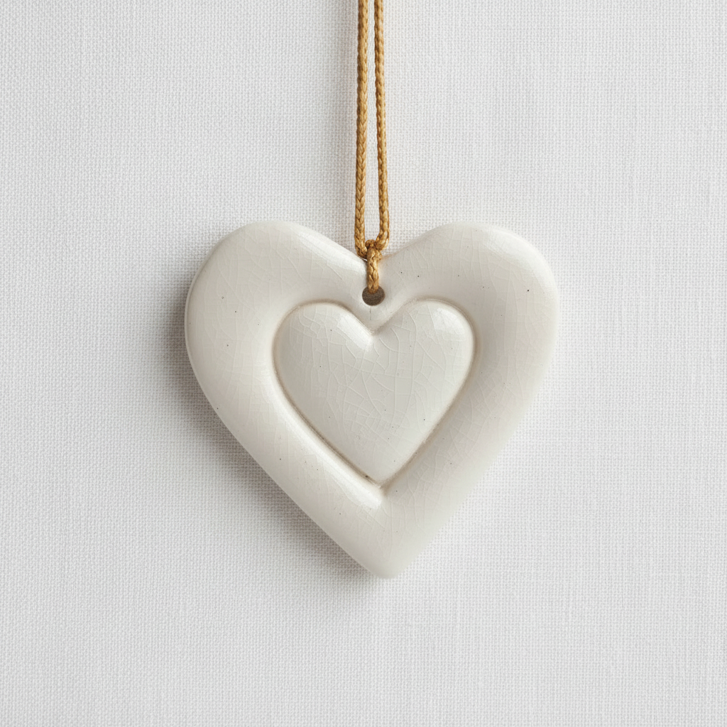 A ceramic heart with a smaller heart imprinted in the center hangs from a gold colored silk cord.