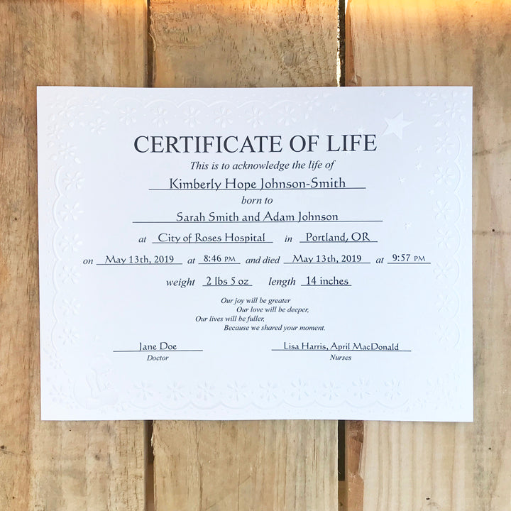 Personalized Neonatal Death Certificate of Life